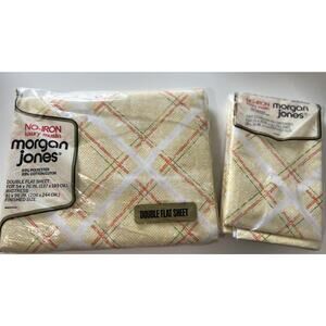 Vtg Morgan Jones Full Flat Sheet & Pillowcases Retro Tattersall Luxury Muslin